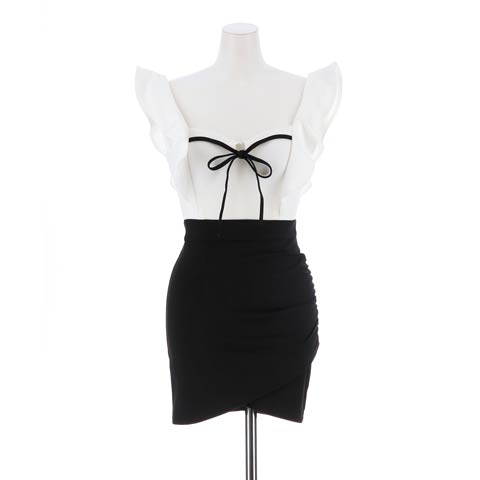 [SMLサイズ]フロントリボンサイドフリル袖タイトミニドレス[3サイズ展開](ホワイト×ブラック-Sサイズ)