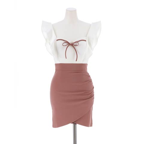 [SMLサイズ]フロントリボンサイドフリル袖タイトミニドレス[3サイズ展開](ホワイト×ピンク-Sサイズ)