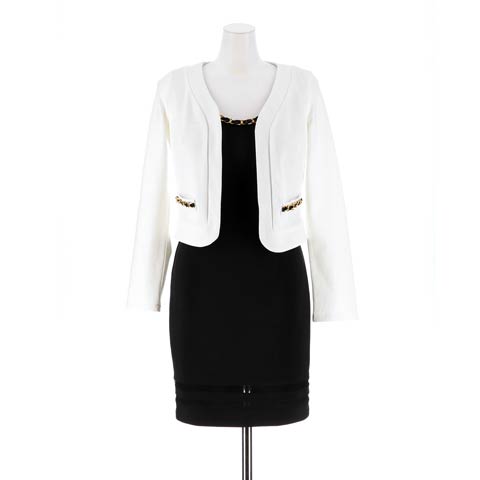 [2ピース][SMLサイズ]ノーカラージャケット付チェーンネックタイトミニドレス[3サイズ展開](ホワイト×ブラック-Sサイズ)