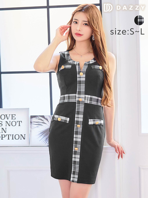 [SMLサイズ]チェックラインボタンビジューノースリーブタイトミニドレス[3サイズ展開]