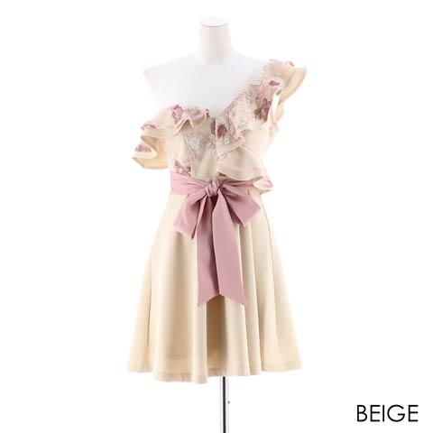 [SMLサイズ]フラワーチュールリボンベルトAラインミニドレス[3サイズ展開](ベージュ-Sサイズ)