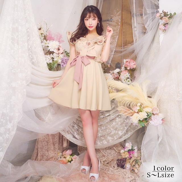 [SMLサイズ]フラワーチュールリボンベルトAラインミニドレス[3サイズ展開]