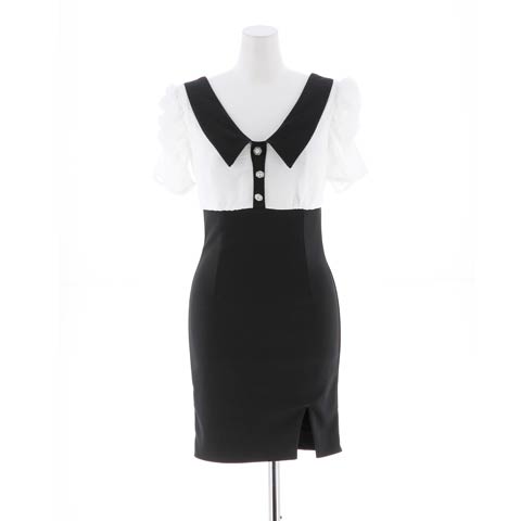 [SMLサイズ]襟付きギャザー半袖パフスリーブスリット入りタイトミニドレス[3サイズ展開](ホワイト×ブラック-Sサイズ)