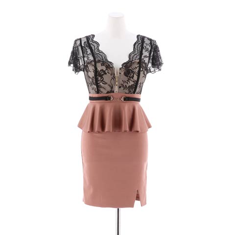 [SMLサイズ]フロントジップレースフレア袖ペプラムタイトミニドレス[3サイズ展開](モカ-Sサイズ)