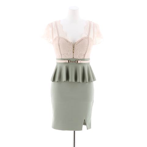 [SMLサイズ]フロントジップレースフレア袖ペプラムタイトミニドレス[3サイズ展開](グリーン-Sサイズ)