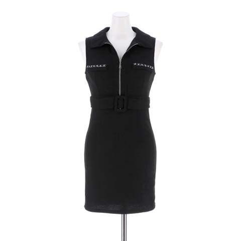 [SMLサイズ]襟付きフロントジップバックルベルトモチーフタイトミニドレス[3サイズ展開](ブラック-Sサイズ)