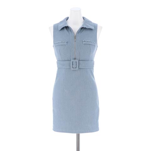 [SMLサイズ]襟付きフロントジップバックルベルトモチーフタイトミニドレス[3サイズ展開](ブルー-Sサイズ)