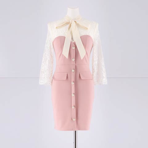 [SMLサイズ]ネックリボンシアーレースパールボタンタイトミニドレス[3サイズ展開](ピンク-Sサイズ)