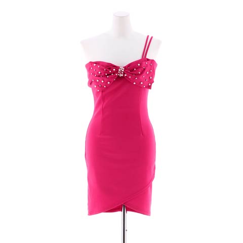 [SMLサイズ]ワンショルダービジューフロントリボンタイトミニドレス[3サイズ展開]【ドーリードレス】(ピンク-Sサイズ)