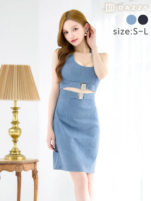 デニムビジューウエストカットホルターネックタイトミニドレス[SML/3サイズ展開]