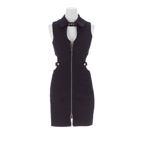 7/23新作!デニム襟ベルトカットアウトファスナータイトミニ丈キャバドレス[SML/3サイズ展開][明日花キララ着用](ネイビー-Sサイズ)