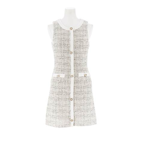 7/28新作!ストレッチツイードノースリーブファスナータイトミニ丈キャバドレス[SML/3サイズ展開][明日花キララ着用](オフホワイト-Sサイズ)