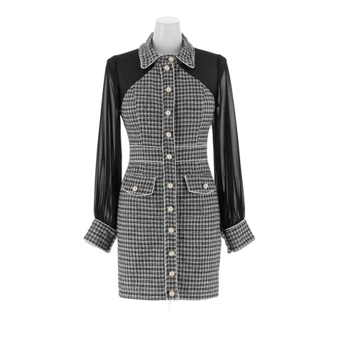 11/10新作!高級感あふれるパールボタンストレッチツイード×シアー袖キャバドレス[SML/3サイズ展開]*(ブラック-Sサイズ)