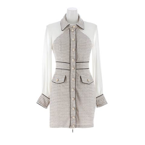 11/10新作!高級感あふれるパールボタンストレッチツイード×シアー袖キャバドレス[SML/3サイズ展開]*(ホワイト-Sサイズ)