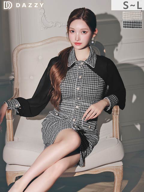 11/10新作!高級感あふれるパールボタンストレッチツイード×シアー袖キャバドレス[SML/3サイズ展開]*