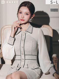 11/10新作!高級感あふれるパールボタンツイード×シアー袖キャバドレス[SML/3サイズ展開]