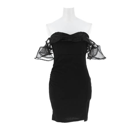 4/10新作!谷間強調ドットチュールアームフリルの色気たっぷりタイトミニキャバドレス[XS-LL/5サイズ展開][プチプラドレス](ブラック-Sサイズ)