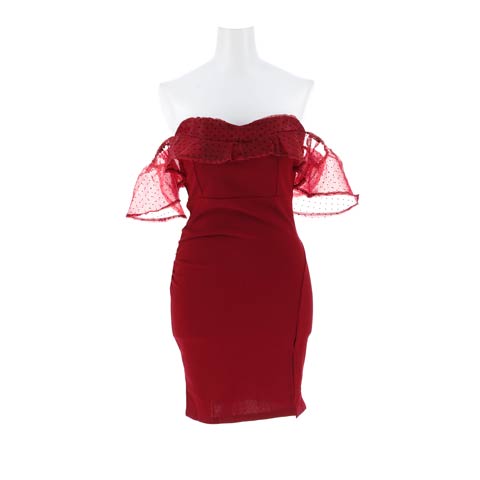 4/10新作!谷間強調ドットチュールアームフリルの色気たっぷりタイトミニキャバドレス[XS-LL/5サイズ展開][プチプラドレス](レッド-Sサイズ)