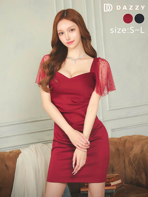 [SMLサイズ]シアーチュールラインストーンフレア袖タイトミニドレス[3サイズ展開][プチプラドレス]