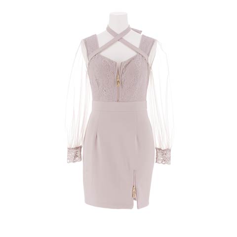 クロスネックリボンジップスリットチュール袖タイトミニドレス[SML/3サイズ展開](パープルグレー-Sサイズ)