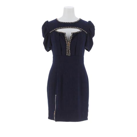 10/28再販![明日花キララ着用]美谷間魅せジップSEXY太ももスリットタイトミニドレス(ネイビー-Sサイズ)