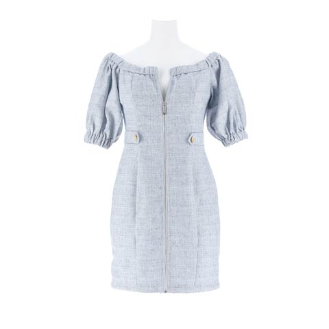 フロントジップツイード2wayパフスリーブタイトミニ丈キャバドレス[SML/3サイズ展開](ブルー-Sサイズ)