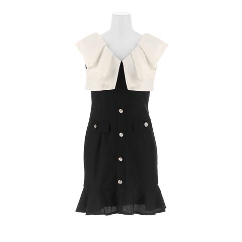 バイカラータックフリルビジューマーメイドミニドレス[SML/3サイズ展開][伊藤桃々着用](ホワイト×ブラック-Sサイズ)