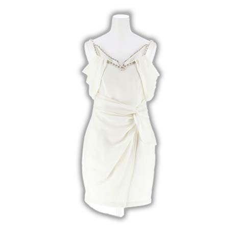 11/18再販![明日花キララ着用]輝くビジューで注目度UP!!オフショルビジューラップスカートタイトミニ丈キャバドレス(ホワイト-Sサイズ)