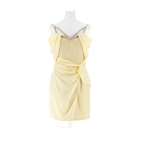 11/18再販![明日花キララ着用]輝くビジューで注目度UP!!オフショルビジューラップスカートタイトミニ丈キャバドレス(イエロー-Sサイズ)