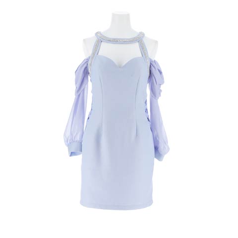 7/23新作!ジャガードビジューカットリボンシフォン長袖タイトミニ丈キャバドレス[SML/3サイズ展開][明日花キララ着用](ブルー-Sサイズ)