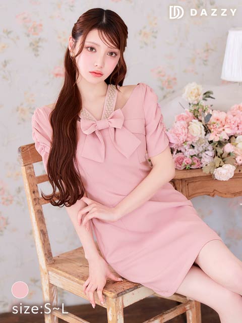 フロントリボンパールビジューワッフル半袖タイトミニ丈キャバドレス[SML/3サイズ展開]