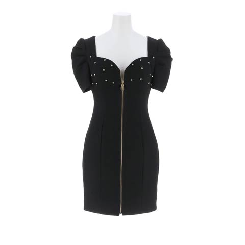 フロントジップラインストーンパフスリーブタイトミニドレス[SML/3サイズ展開][伊藤桃々着用](ブラック-Sサイズ)