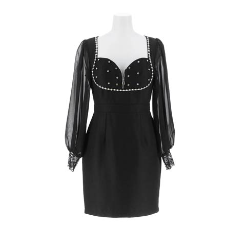 7/28新作!ツイルビジューフロントジップシアー長袖タイトミニ丈キャバドレス[SML/3サイズ展開][明日花キララ着用](ブラック-Sサイズ)