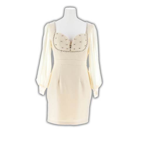 7/28新作!ツイルビジューフロントジップシアー長袖タイトミニ丈キャバドレス[SML/3サイズ展開][明日花キララ着用](アイボリー-Sサイズ)