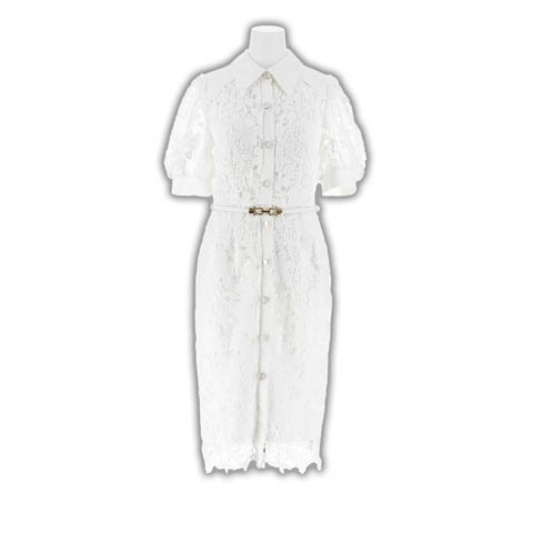 7/25新作!高級ケミカルレースベルト付きパフスリーブタイトミ膝丈キャバドレス[SML/3サイズ展開][伊藤桃々着用](ホワイト-Sサイズ)