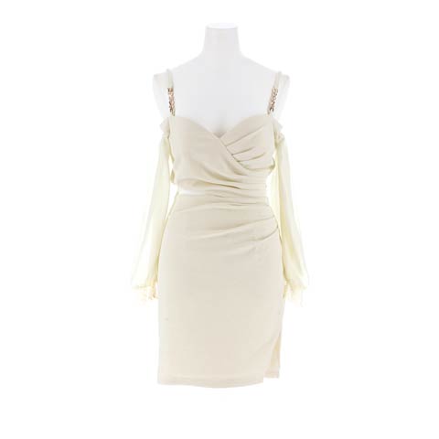 7/2新作!カシュクールオフショルシアーオーガンジー長袖タイトミニ丈キャバドレス[SML/3サイズ展開](アイボリー-Sサイズ)