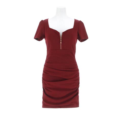 12/16再販!【累計販売1000枚以上・2980円】安いのに超盛れる!!デコルテ魅せ谷間ジップギャザー半袖タイトミニドレス[プチプラキャバドレス](ワインレッド-Sサイズ)