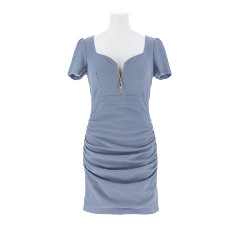 12/16再販!【累計販売1000枚以上・2980円】安いのに超盛れる!!デコルテ魅せ谷間ジップギャザー半袖タイトミニドレス[プチプラキャバドレス](ブルーグレー-Sサイズ)