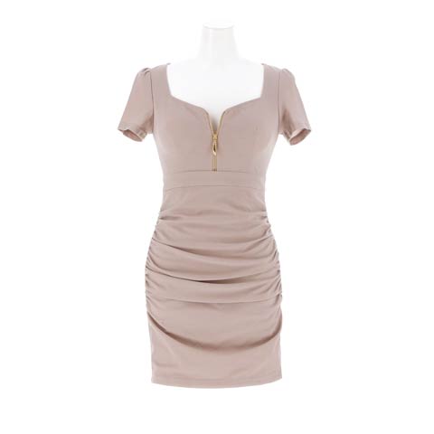 12/16再販!【累計販売1000枚以上・2980円】安いのに超盛れる!!デコルテ魅せ谷間ジップギャザー半袖タイトミニドレス[プチプラキャバドレス](グレージュ-Sサイズ)