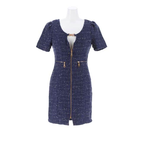 12/6頃再販予定! ツイードラインストーンファスナービジュー半袖タイトミニドレス[SML/3サイズ展開]【入荷通知登録推奨】(ネイビー-Sサイズ)