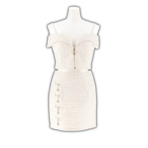 9/22新作!ツイードジップオフショルリボンビジュータイトミニセットアップ[SML/3サイズ展開](ホワイト-Sサイズ)