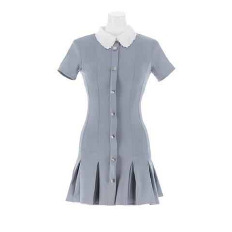 9/26新作!襟付きバイカラービジューボタンプリーツAラインミニ丈キャバドレス[SML/3サイズ展開](ブルーグレー-Sサイズ)