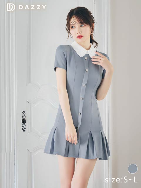 9/26新作!襟付きバイカラービジューボタンプリーツAラインミニ丈キャバドレス[SML/3サイズ展開]