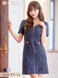 9/25再入荷!ツイードスクエアチェーンパールフロントジップ半袖タイトミニドレス[XS~LL/5サイズ展開]