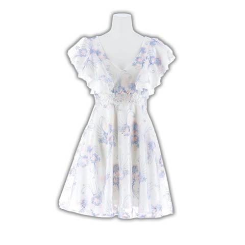 フラワー刺繍VネックフリルショルダーAラインミニドレス[SML/3サイズ展開](ピュアホワイト-Sサイズ)