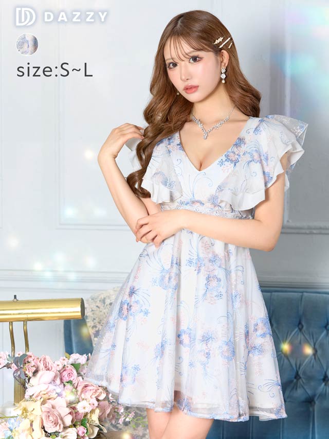 フラワー刺繍VネックフリルショルダーAラインミニドレス[SML/3サイズ展開]