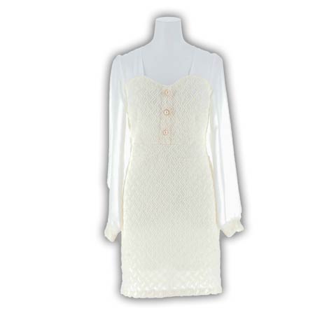 ジオメトリックツイードシフォン長袖イトミニ丈キャバドレス[SML/3サイズ展開](ピュアアイボリー-Sサイズ)