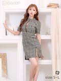 8/27新作!ハイネックチェック柄胸元ジップスリット半袖ミニドレス[SML/3サイズ展開][明日花キララ着用]