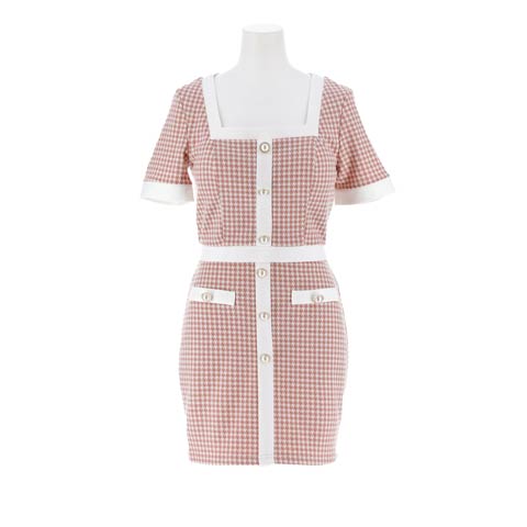 8/11新作!スクエア千鳥格子ラインパールビジュー半袖タイトミニセットアップ[SML/3サイズ展開][伊藤桃々着用](ピンク-Sサイズ)