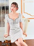 8/25新作!フロントジップチェーンチェック半袖マーメイドミニ丈キャバドレス[SML/3サイズ展開][伊藤桃々着用]